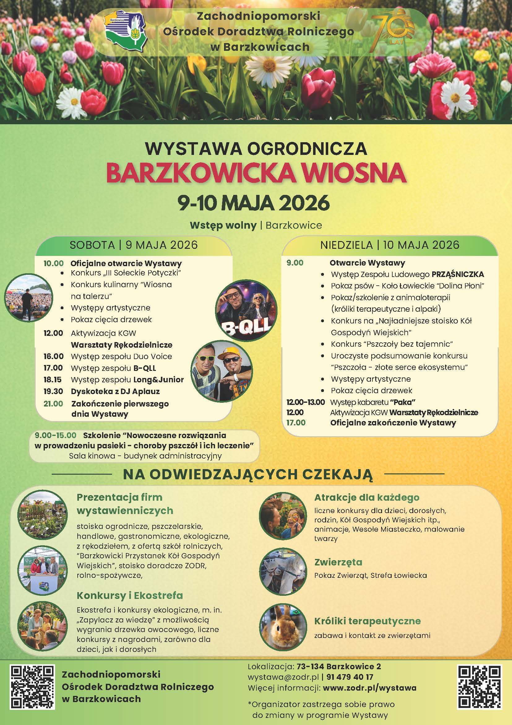 Plakat wystawy ogrodniczej &bdquo;Barzkowicka Wiosna&rdquo;, 9&ndash;10 maja 2026 w Barzkowicach. Program wydarzeń, atrakcje, konkursy i występy. Wstęp wolny. Organizator: Zachodniopomorski Ośrodek Doradztwa Rolniczego.