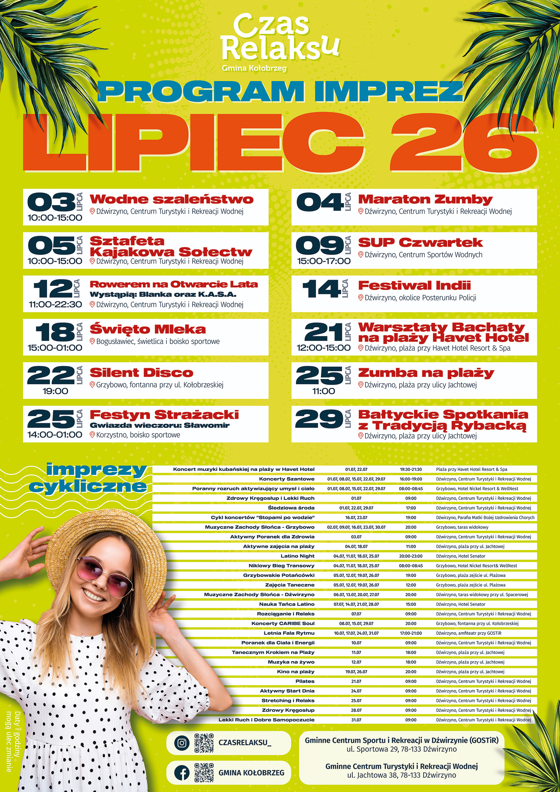 Kalendarz impez 2026 - lipiec Plakat „Czas Relaksu – Gmina Kołobrzeg” z programem imprez na lipiec 2026. Zawiera listę wydarzeń i imprez cyklicznych w Dźwirzynie, Grzybowie, Bogusławcu i Korzystnie. Pełny program znajduje się pod grafiką.