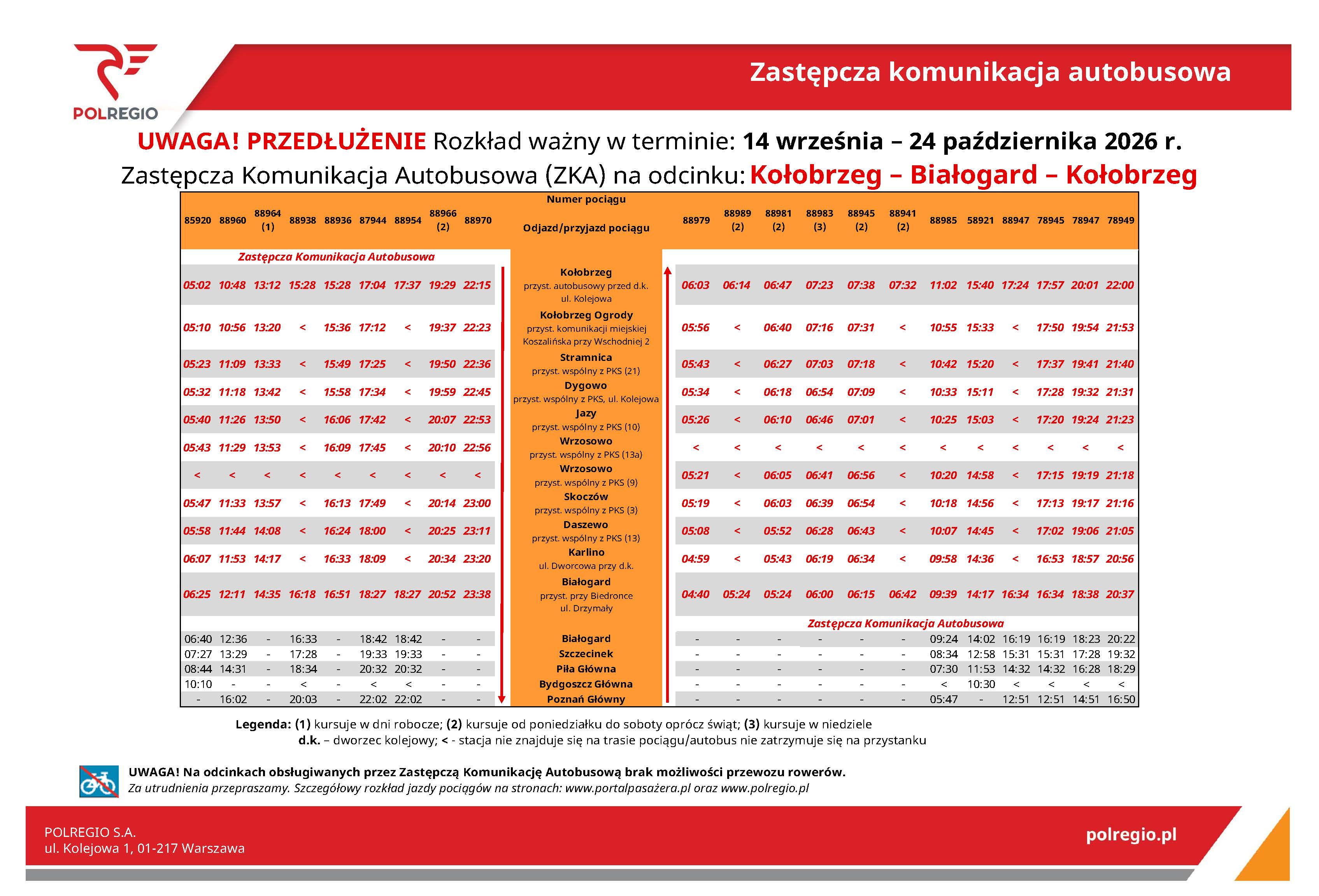 Aktualny Rozkład Zastępczej Komunikacji Autobusowej w związku z zamknięciem linii kolejowej 404 na odcinku Kołobrzeg &ndash; Białogard &ndash; Kołobrzeg w terminie 14 września - 24 października 2026 r.